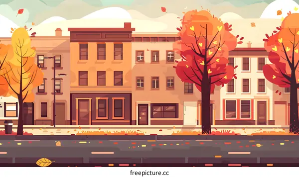 Autumn Street with Yellow and Red Trees