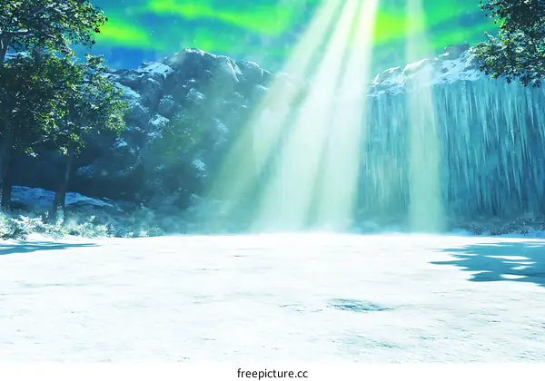Winter Wonderland with Northern Lights and Waterfall