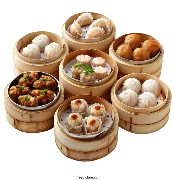 [Transparent Background PNG]A variety of dim sum dishes in bamboo steamers