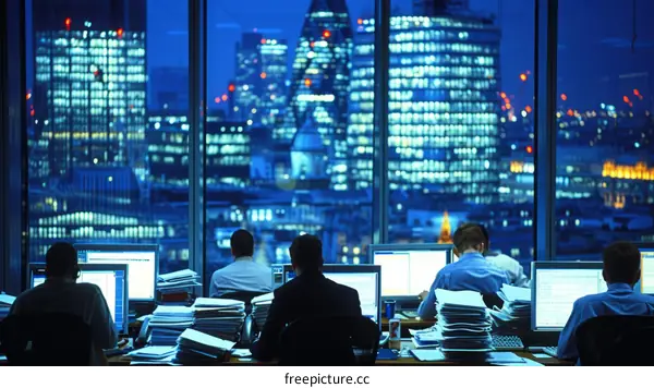 Businessmen working late in an office overlooking the city at night