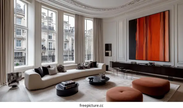 Modern European Living Room Design with Large Abstract Art