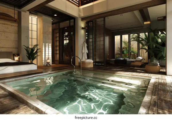 Modern Japanese Spa Interior with Indoor Pool