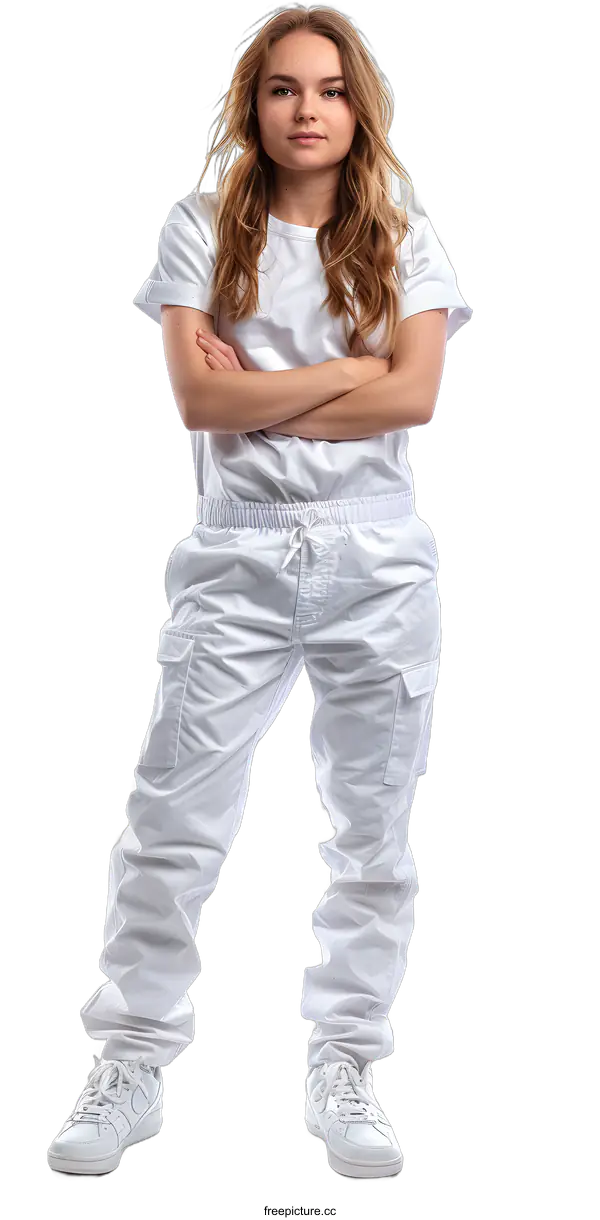 [Transparent Background PNG]Woman in White Clothing Standing With Arms Crossed