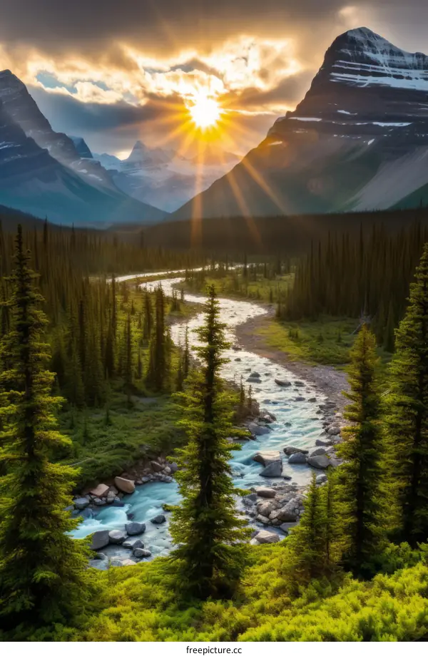 mountain river sunset landscape