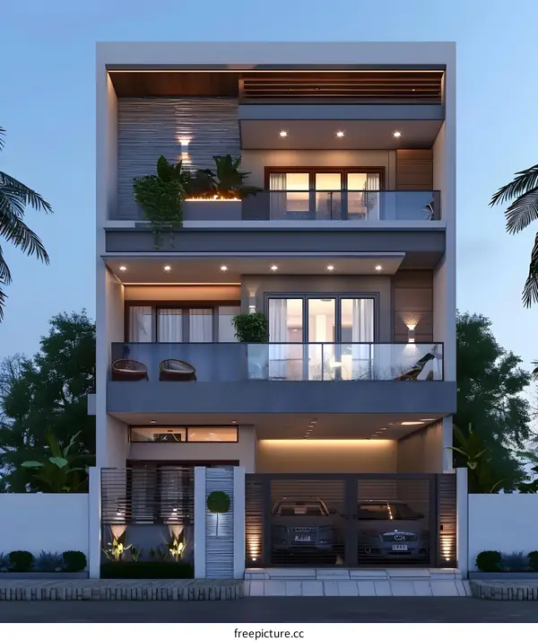 Modern Three Story House Exterior Design With Balcony And Garage