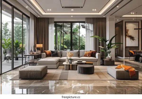 Modern Living Room Interior Design with Large Windows