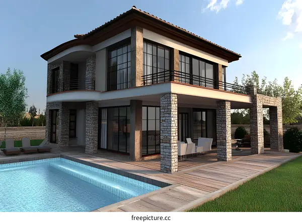 Modern Stone Villa with Pool and Patio Design