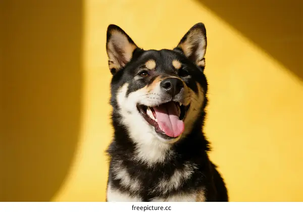 Happy Shiba Inu dog with tongue out against yellow background