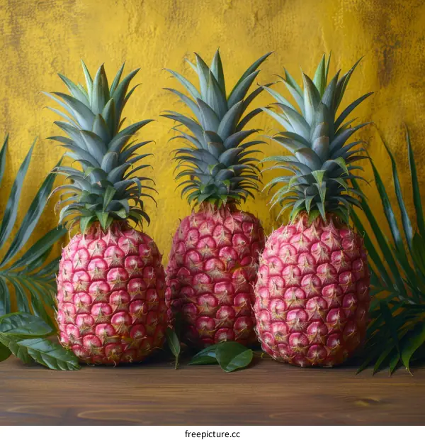 Three pink pineapples on a wooden table with palm leaves against a yellow background
