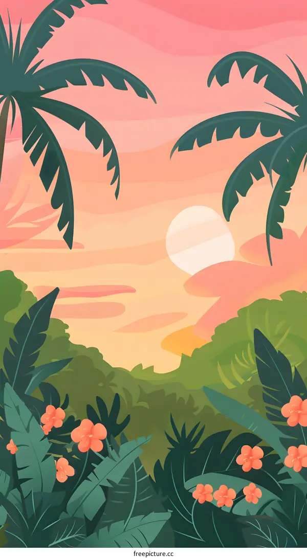 Tropical Sunset Illustration with Palm Trees and Flowers