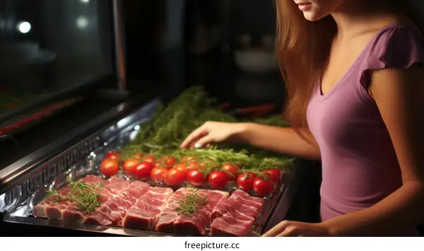 woman choosing steaks at a grocery store