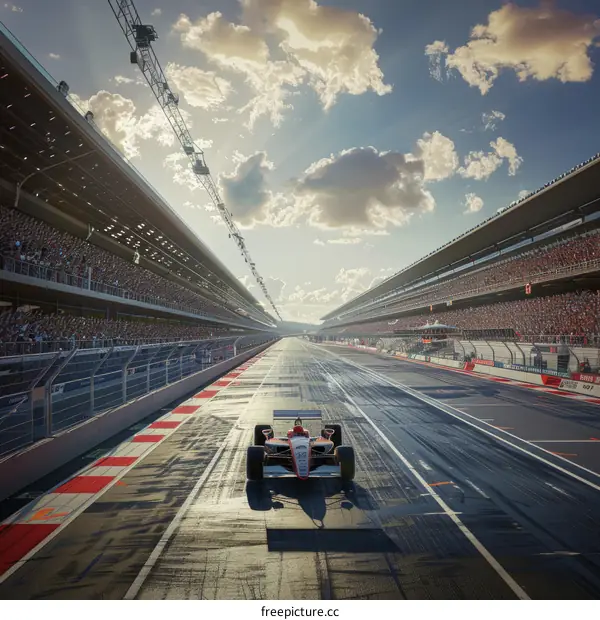 Formula One race car on a track with a massive crowd cheering