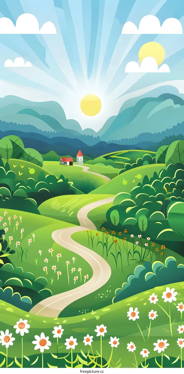 Sunny Day in the Countryside with Winding Road