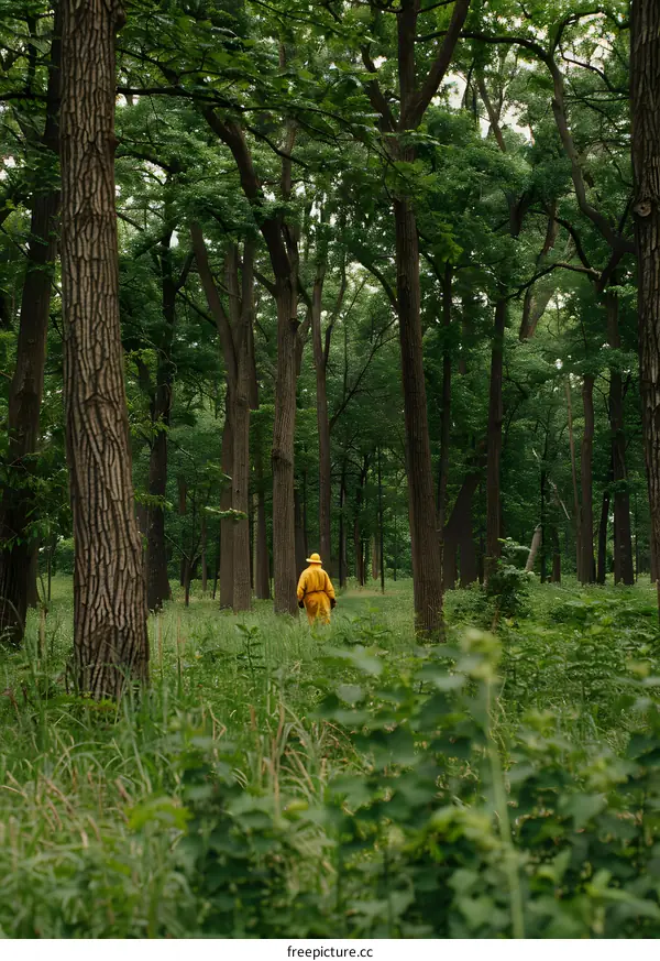 Man in Yellow Walking Through Forest