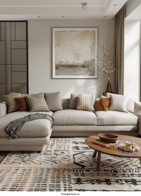 A stylish living room with a large sofa, rug, and painting