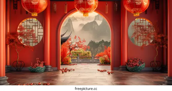 Chinese Interior Design with Pavilions, Bridges, and Red Lanterns