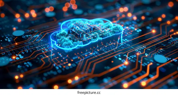 Glowing Blue Cloud Hologram on Circuit Board