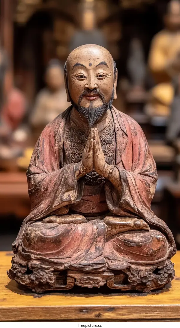 Antique Asian Wooden Statue of a Monk