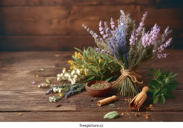 Dried Herbs Bouquet on Wooden Background