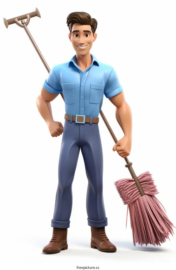 Cartoon illustration of a smiling man with a broom
