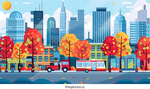 Autumn Cityscape with Red and Yellow Trees