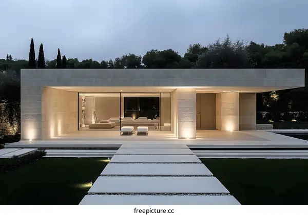 Modern Architecture House with Stone Facade and Glass Doors