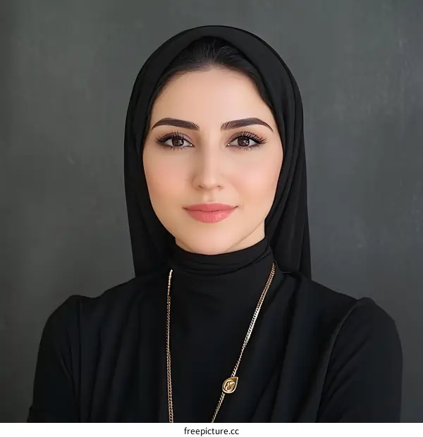 Portrait of a Woman Wearing a Black Hijab and Necklace