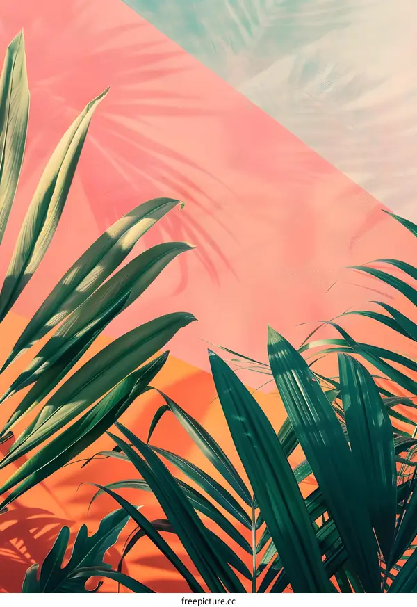 Tropical Palm Leaves on Orange and Pink Background