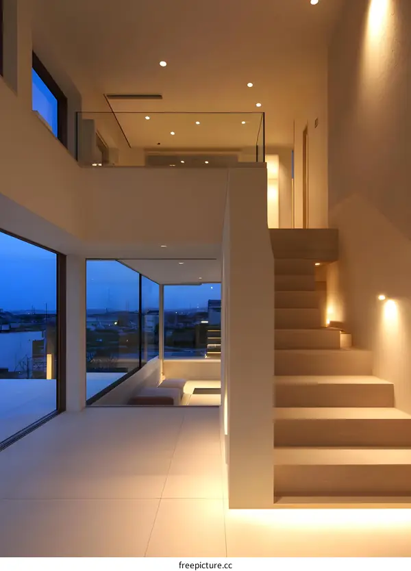 Modern Staircase Design with Glass Railing and City View