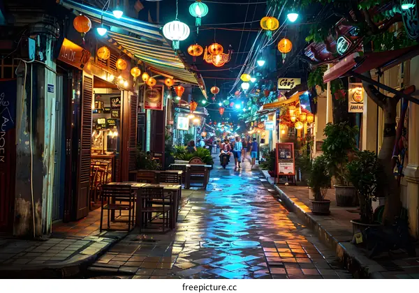 Night Street in Hoi An, Vietnam with Lanterns and People