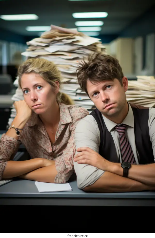 Two people sitting in front of a large stack of documents