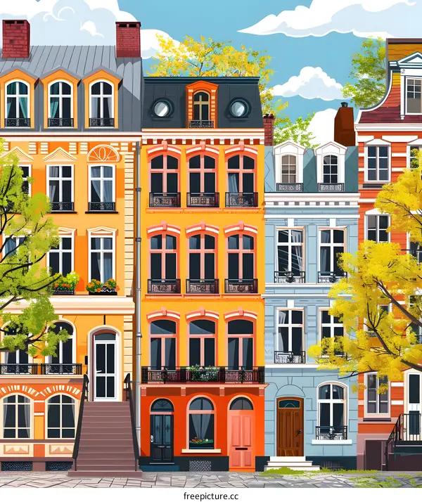 Colorful European Style Townhouses Illustration