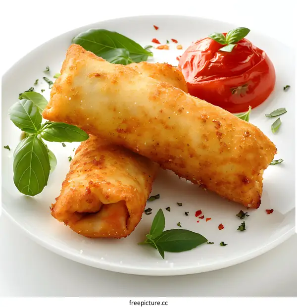 Deep-fried spring rolls with tomato sauce