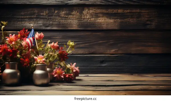 Memorial Day, Veterans Day, and Independence Day background with American flag and flowers