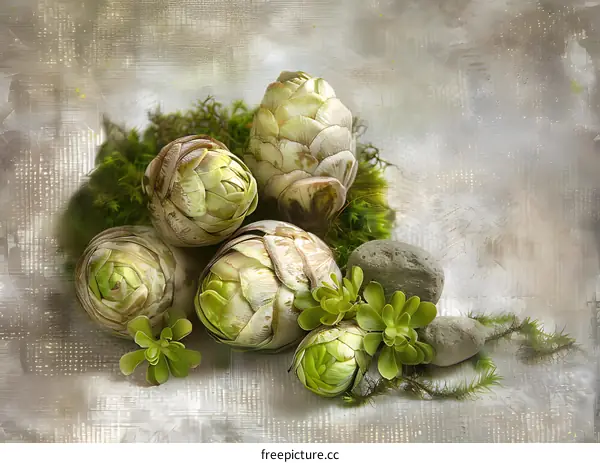 Green Succulents with Moss and Stones on a Textured Background