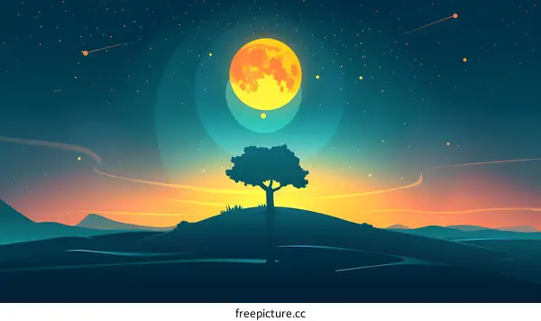 Night Sky Landscape with Big Yellow Moon and Single Tree