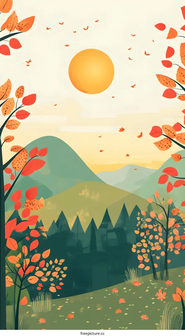 Autumn Landscape with Sun and Trees