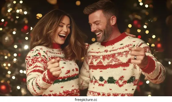 Couple wearing Christmas sweaters laughing