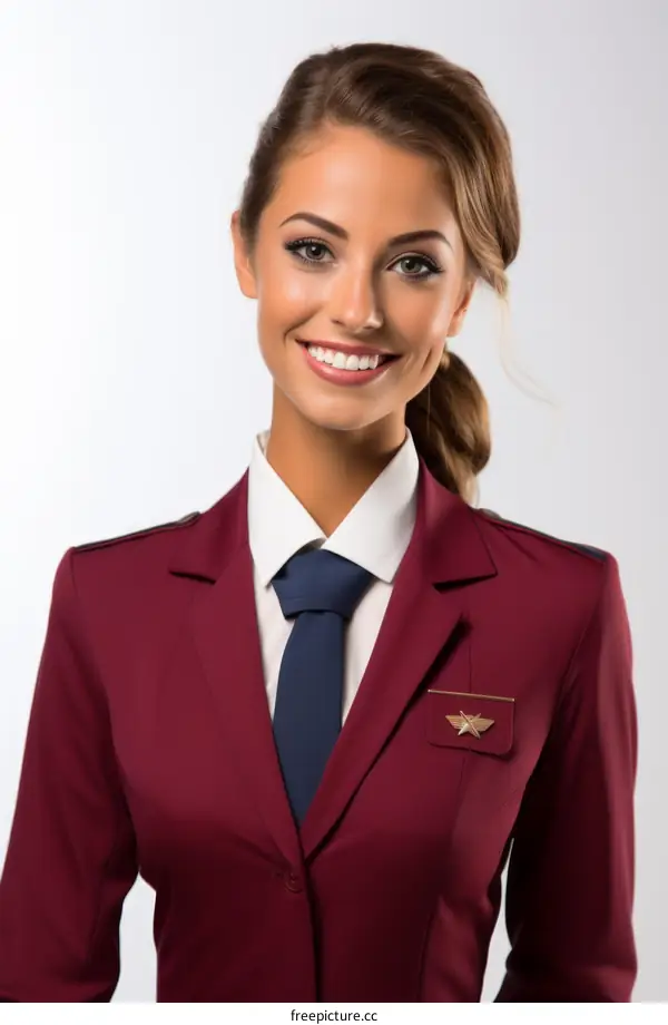 Portrait of a beautiful young woman in a red suit and blue tie