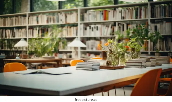 Modern library interior with bookshelves, flowers and a large desk