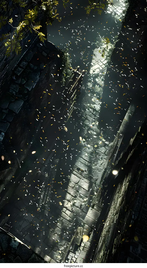 Aerial View of Cobblestone Pathway with Falling Leaves