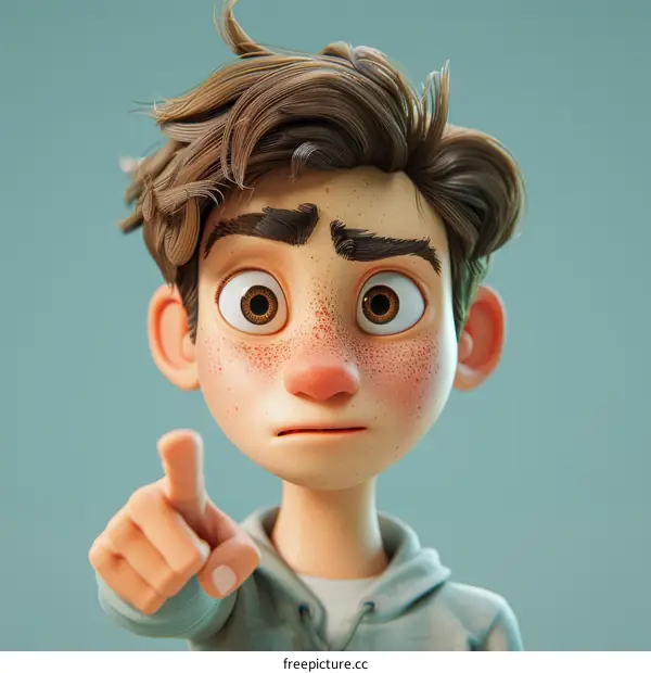 3D cartoon character of a boy with freckles pointing his finger