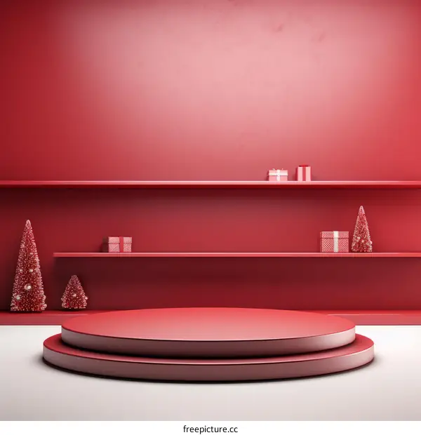 Red Christmas podium with Christmas trees and gifts