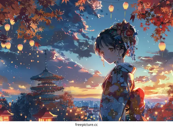 Japanese Anime Girl in Kimono with Sunset Sky and Temple Background