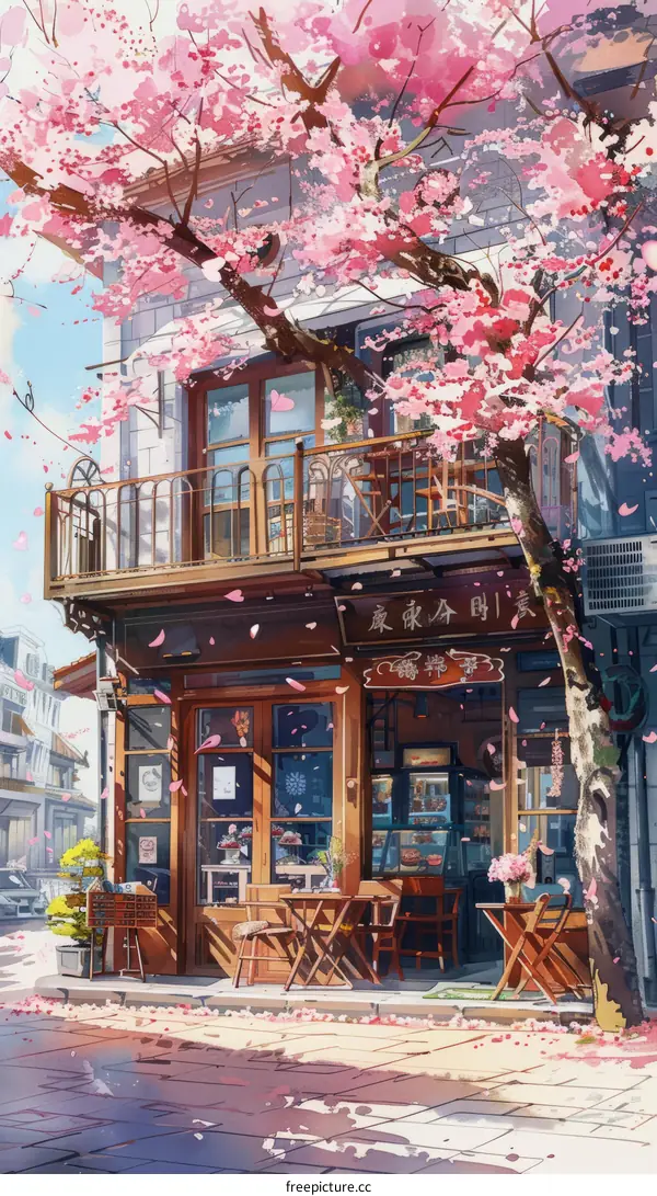 Beautiful Street with Cherry Blossoms in Bloom