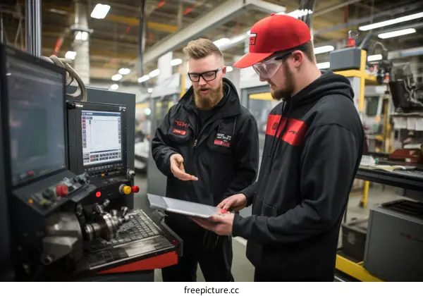 Two machinists discuss a project while standing next to a CNC machine.