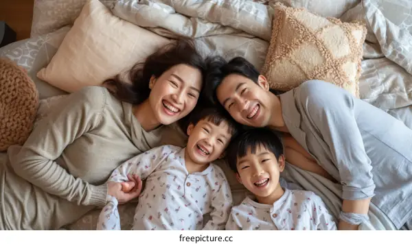 Happy Asian family of four lying on a bed and smiling at the camera