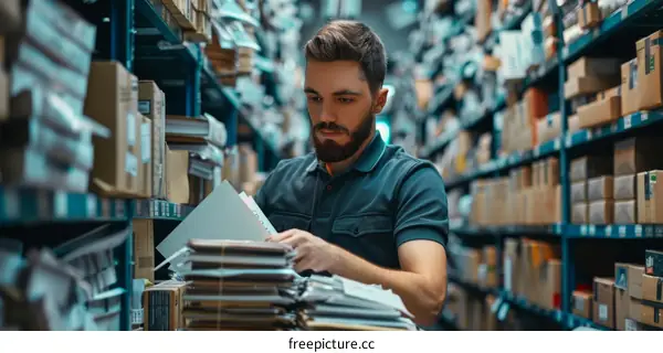Focused male employee checking inventory in a warehouse