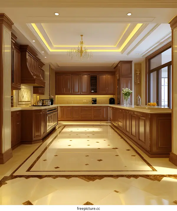Modern Kitchen Design With Wooden Cabinets and Marble Floor
