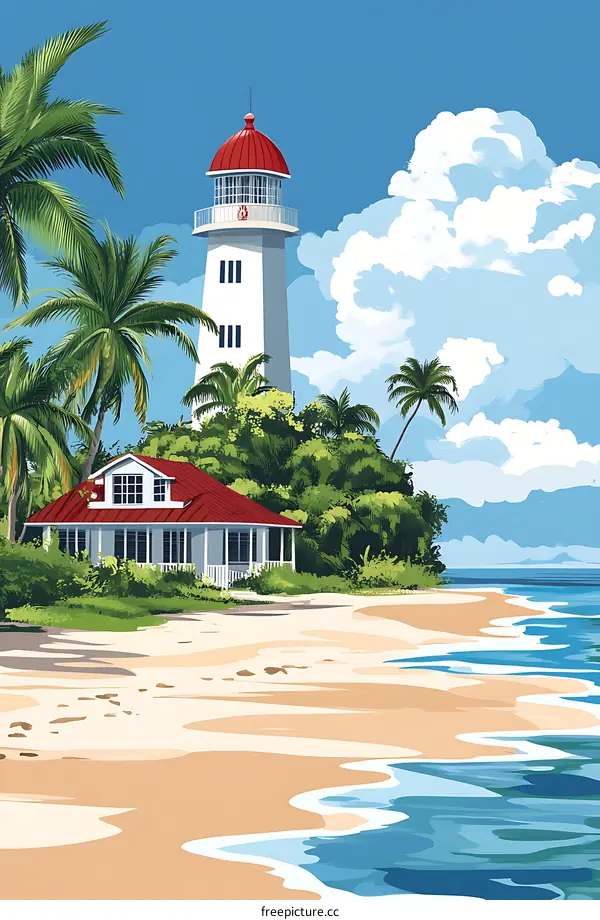 Lighthouse on a Tropical Beach with Palm Trees